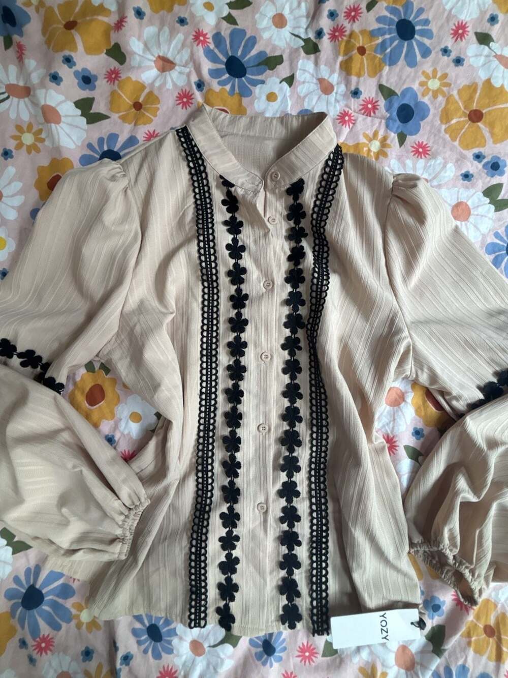 YOZY Beige Long Sleeve Button-Up Blouse with Black Floral Embroidery Trim
